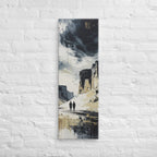 The Mirrored Passage, tall wrapped canvas print: two figures in a painterly passage between light and dark cliffs.
