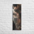 The Canyon of Embers, tall wrapped canvas print: two figures in a canyon of ember-lit rock under a bruised sky.