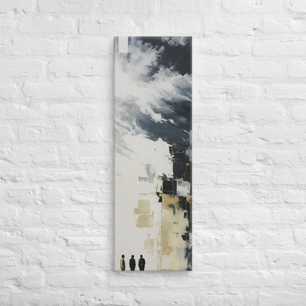 Three in the Open Light, tall wrapped canvas print: three figures in a wash of open light beneath abstract white and black.