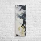 Three in the Open Light, tall wrapped canvas print: three figures in a wash of open light beneath abstract white and black.