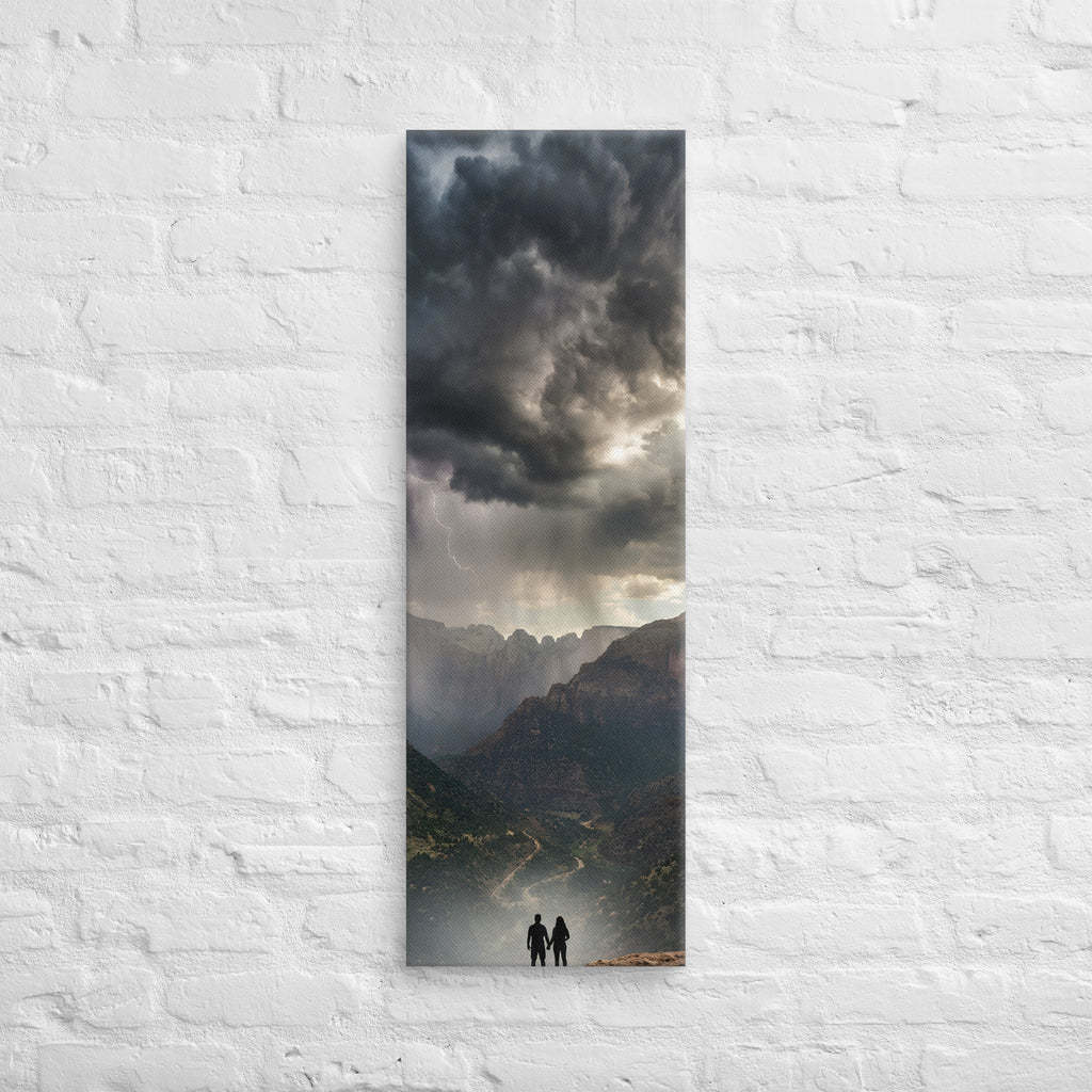 The Storm Above the Valley, tall wrapped canvas print: two figures on a cliff rim watching rain shafts fall over a valley under storm.