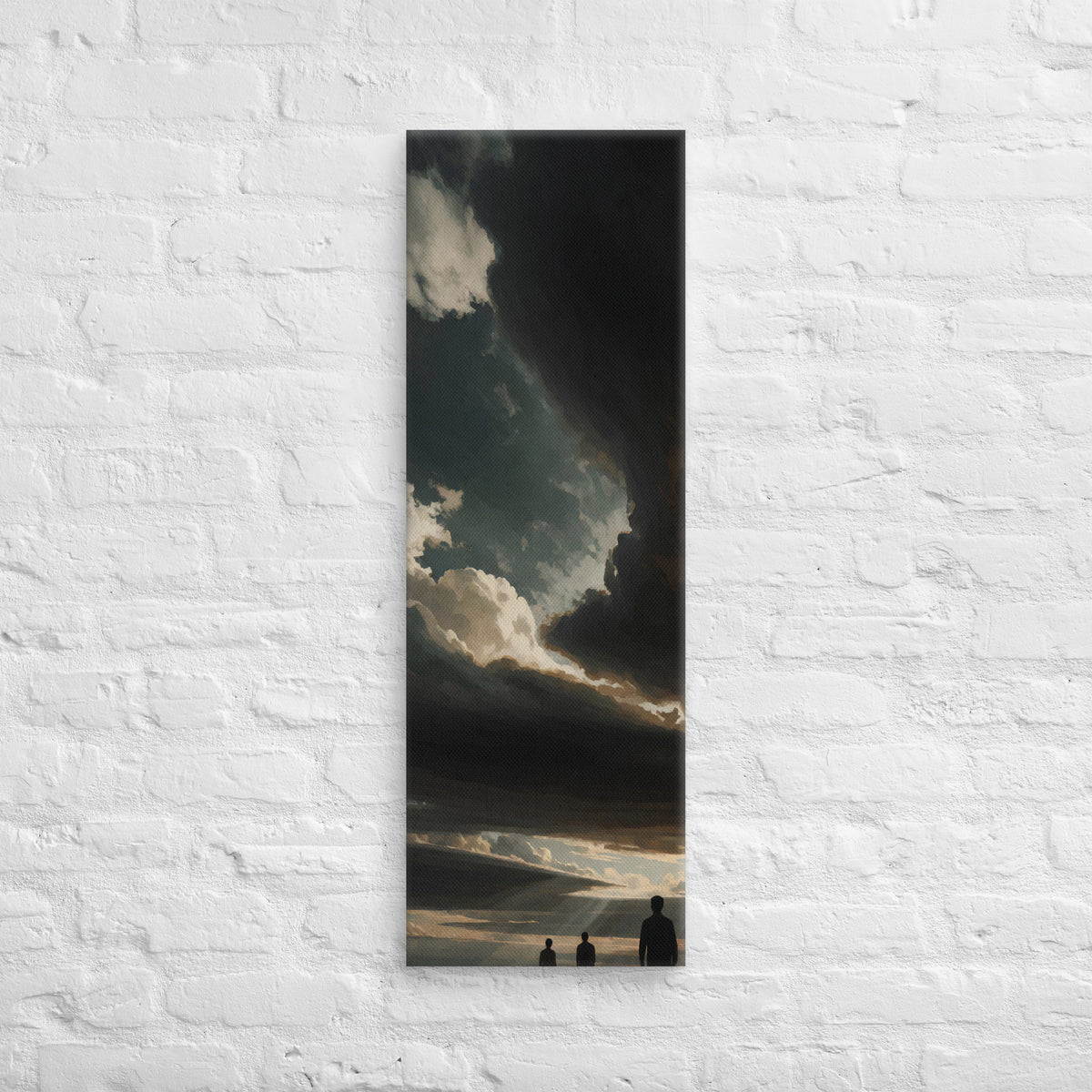 The Last Opening, tall wrapped canvas print: three figures beneath a dark cloud with one last opening of light above.