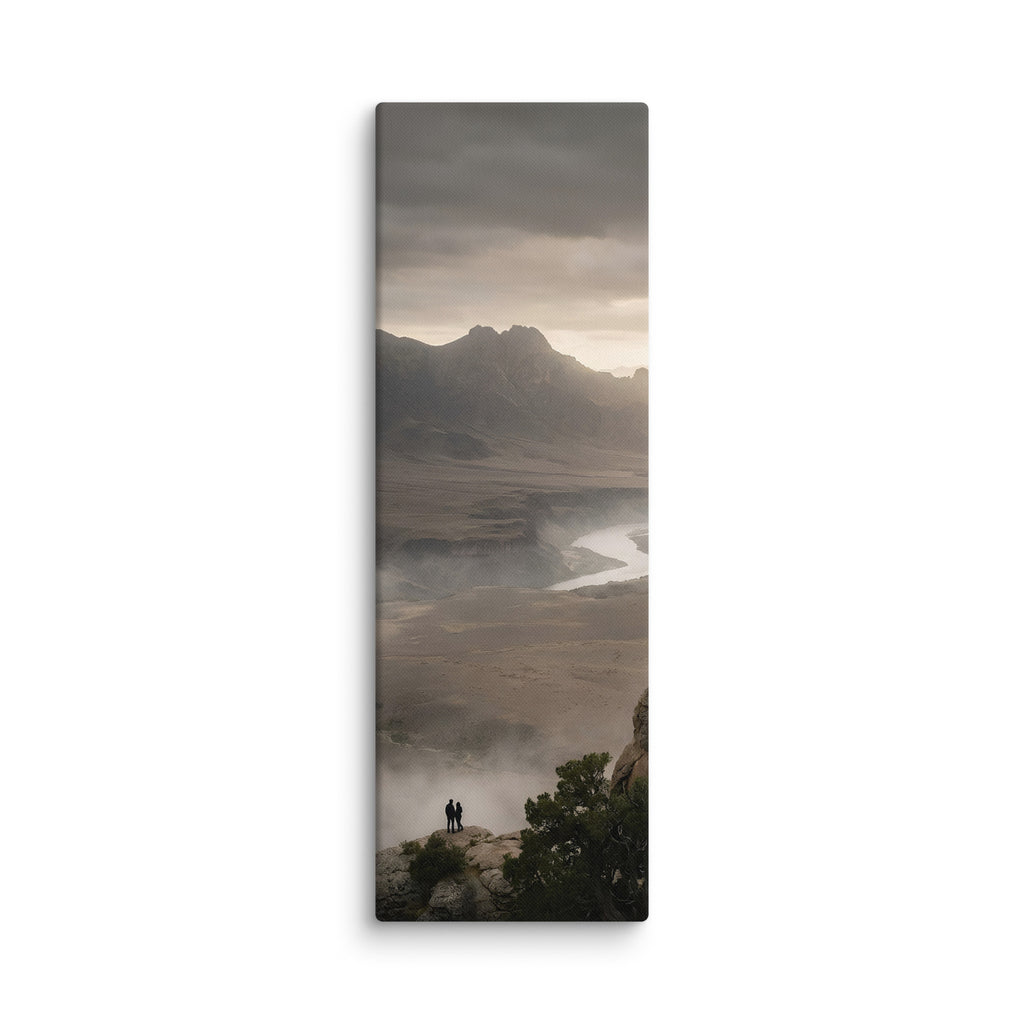 Over the Winding River, tall wrapped canvas print: two figures on a cliff above a winding river in misty dawn country.