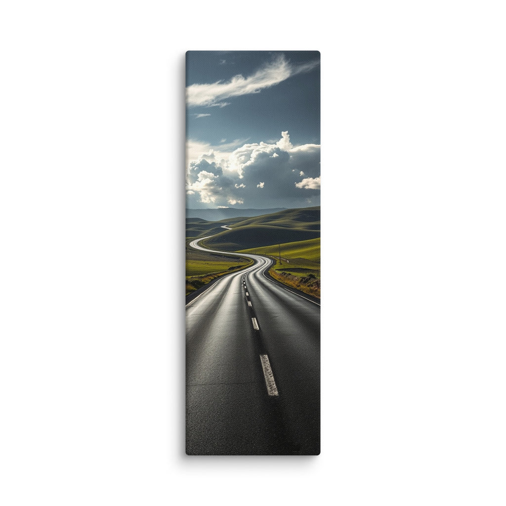 Through The Green Folds, tall wrapped canvas print: a winding road through green rolling hills under towering white cumulus clouds.