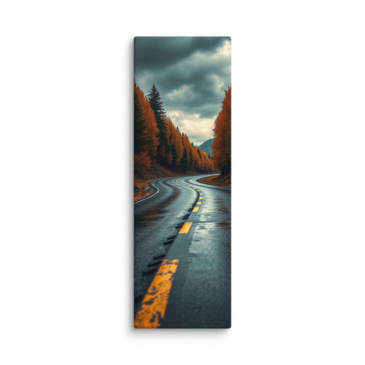 After The Rain Passes, tall wrapped canvas print: a wet asphalt road curving through orange autumn forest beneath a dark, parting storm sky.