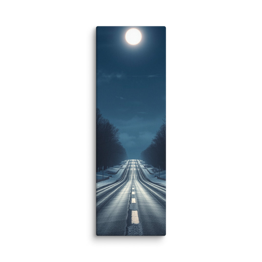 Nocturne In Frost, tall wrapped canvas print: a bright full moon over a snow-lined winter road through bare trees, moonlight on wet asphalt.