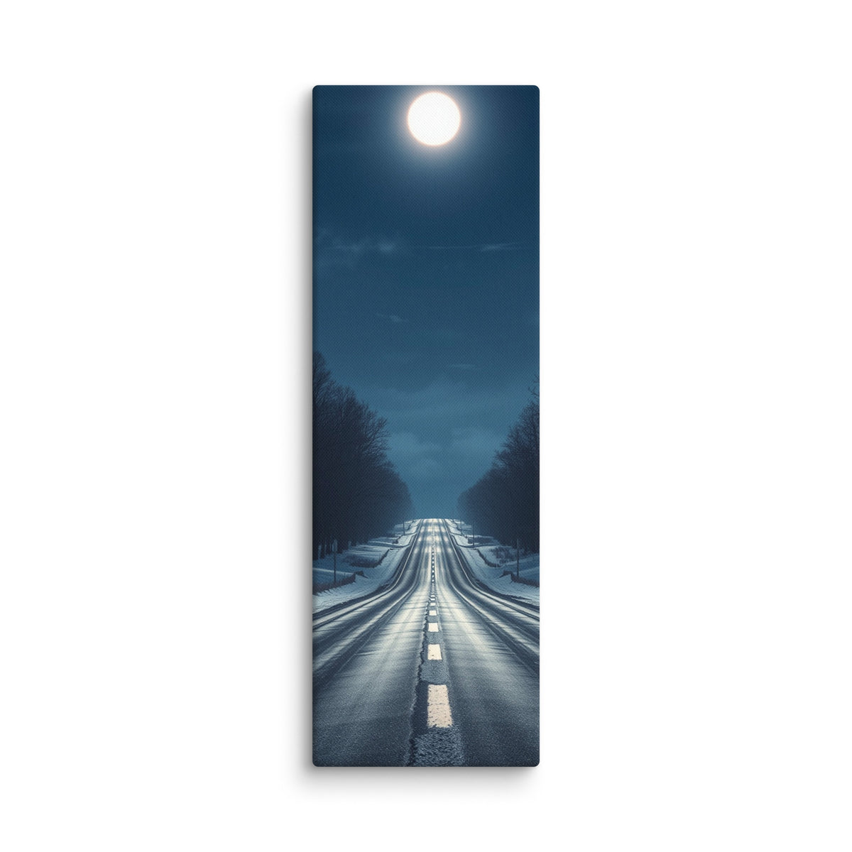 Nocturne In Frost, tall wrapped canvas print: a bright full moon over a snow-lined winter road through bare trees, moonlight on wet asphalt.