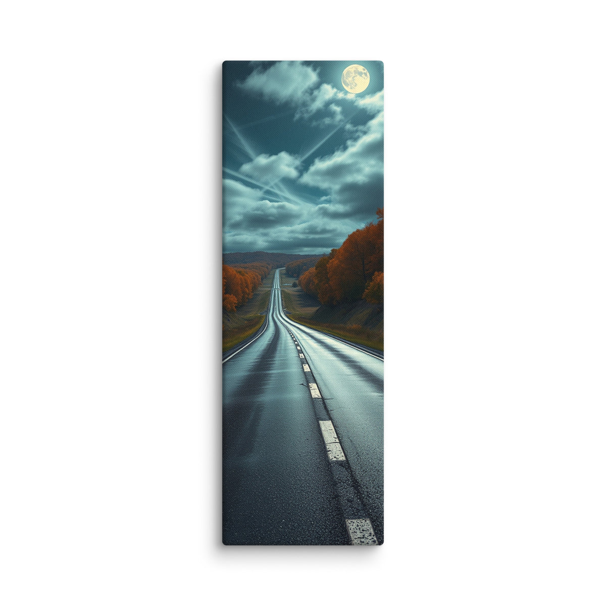 Under An Autumn Moon, tall wrapped canvas print: a full moon glowing through clouds over a night road flanked by orange autumn trees.