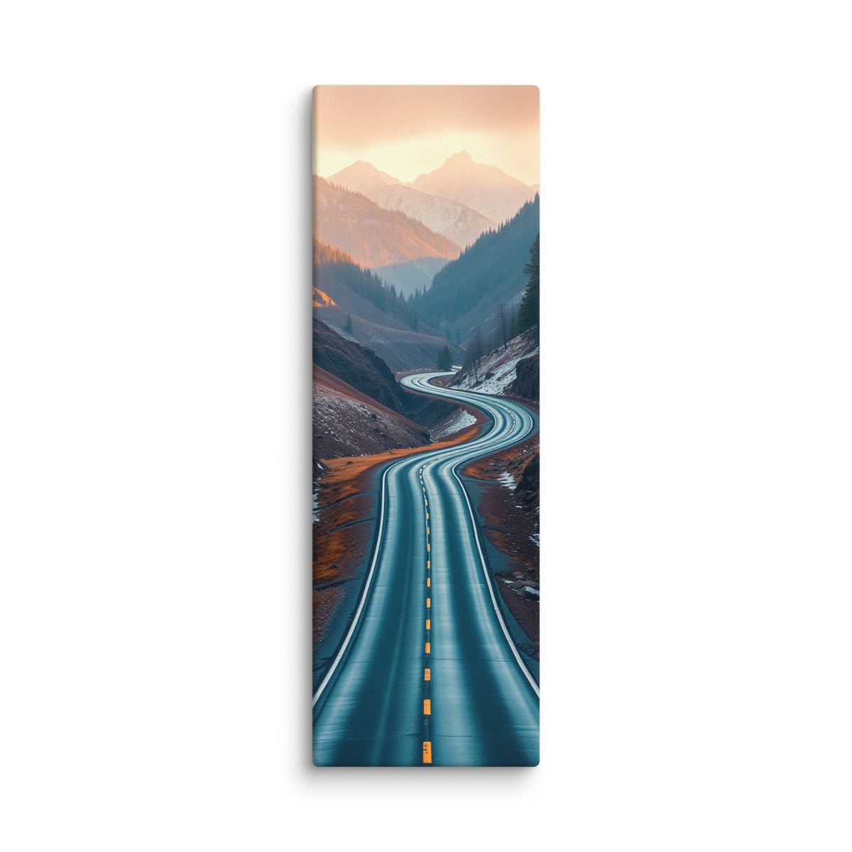 Between Blue And Ember, tall wrapped canvas print: a serpentine alpine road with cool blue shadows and ember-orange light glowing on the peaks.