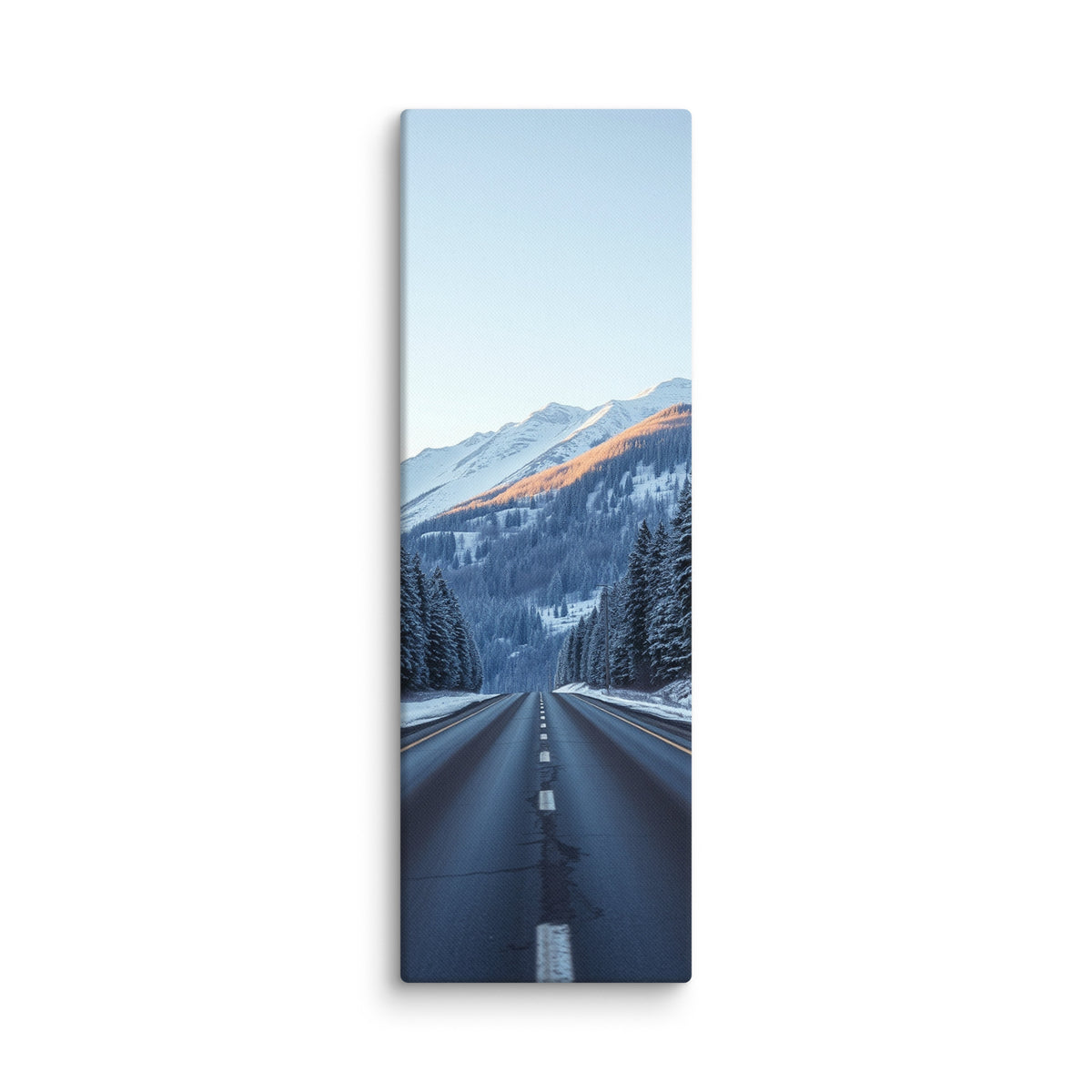 The Last Warm Ridge, tall wrapped canvas print: a road between snowy pines toward a snow peak catching the last warm alpenglow.