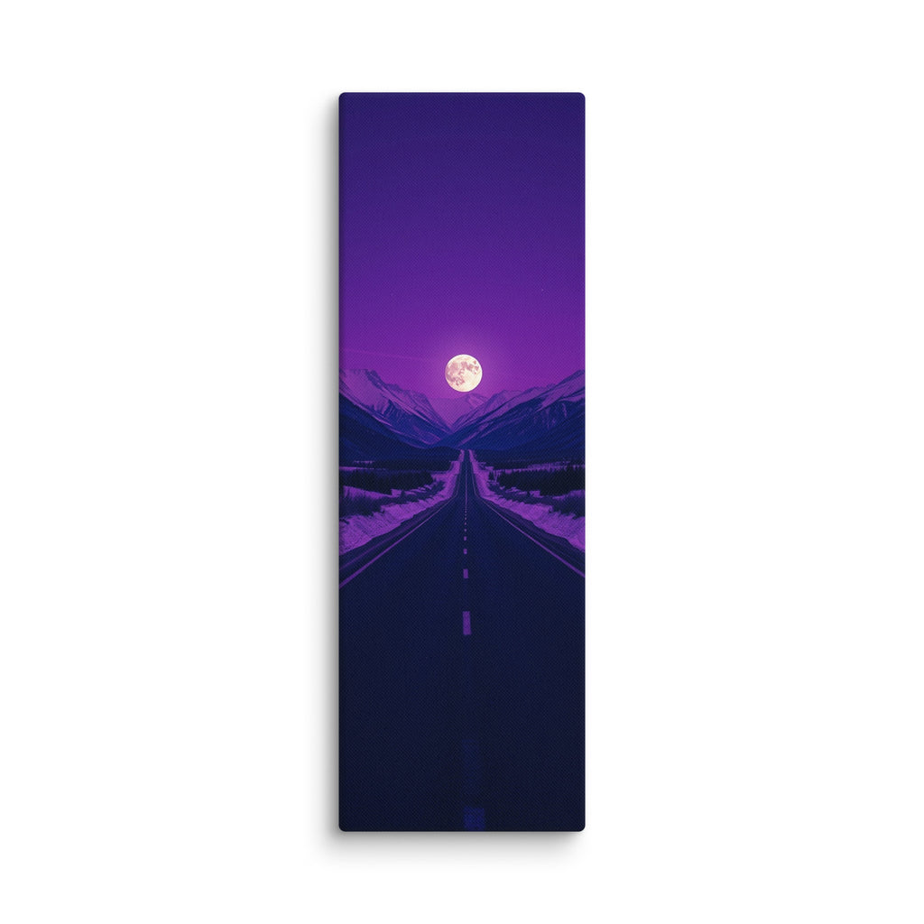 Violet Distance, tall wrapped canvas print: a full moon over a long straight winter road beneath a deep violet sky with snowy mountains.