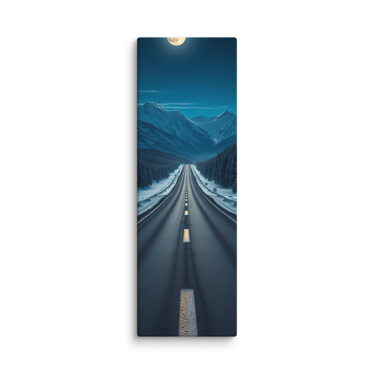 The Blue Hours Ahead, tall wrapped canvas print: a full moon and stars over a straight snow road between dark pines toward moonlit peaks.