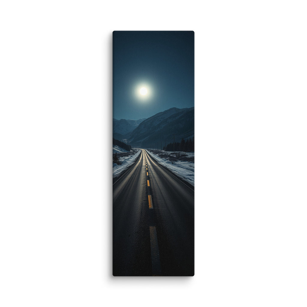 Night Without End, tall wrapped canvas print: a full moon blazing over a snow-lined mountain road winding through dark peaks at night.