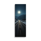 Night Without End, tall wrapped canvas print: a full moon blazing over a snow-lined mountain road winding through dark peaks at night.