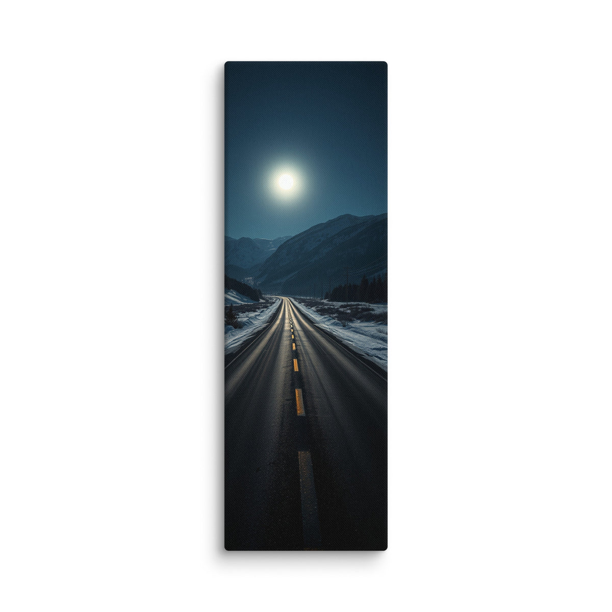 Night Without End, tall wrapped canvas print: a full moon blazing over a snow-lined mountain road winding through dark peaks at night.