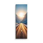 The Sun Between Walls, tall wrapped canvas print: a straight road running into a blazing sun held between two snowy mountain walls.