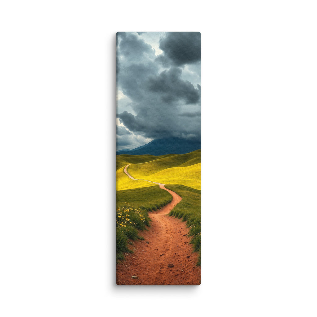 Over The Green Rise, tall wrapped canvas print: a red-earth path winding over green hills toward a dark mountain under storm clouds.