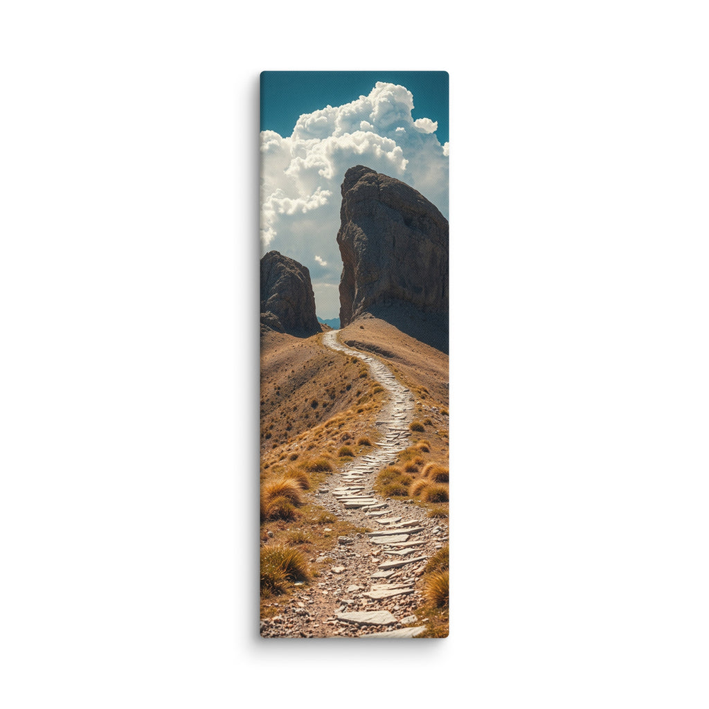 The Way Through Stone, tall wrapped canvas print: a stone-paved path passing between two massive rock towers under cumulus clouds.