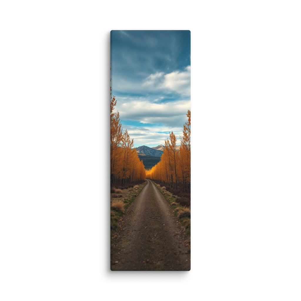 The Quiet Miles, tall wrapped canvas print: a straight road through a tunnel of golden autumn trees toward distant mountains.