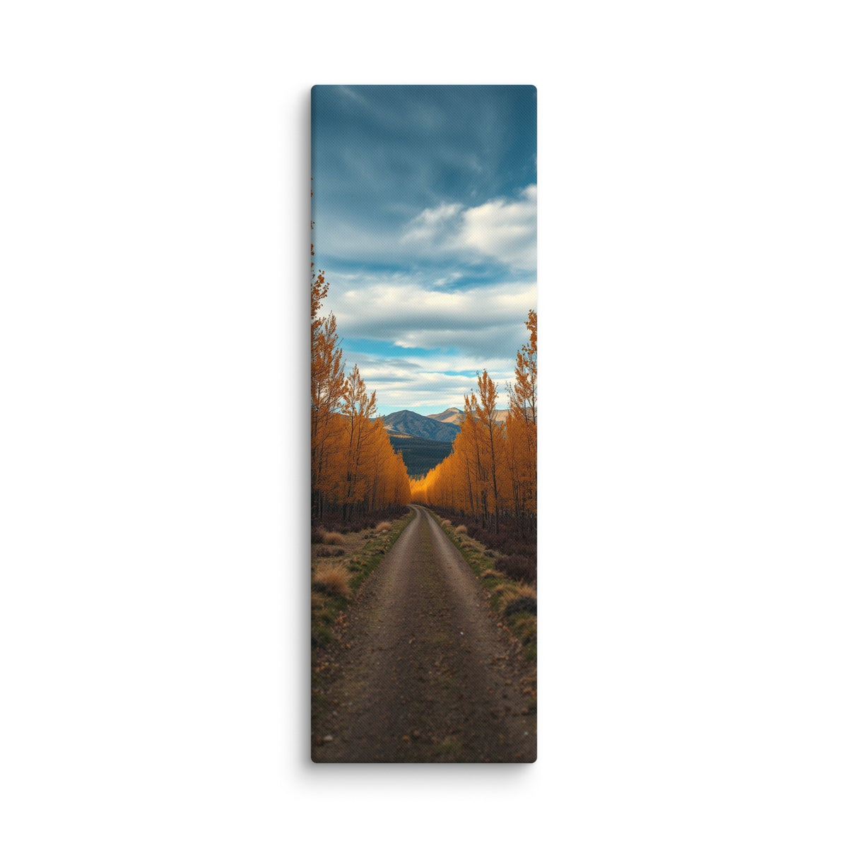 The Quiet Miles, tall wrapped canvas print: a straight road through a tunnel of golden autumn trees toward distant mountains.