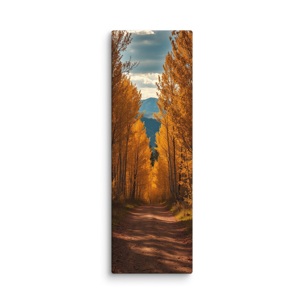 A Canopy Of October, tall wrapped canvas print: a dirt path through a tunnel of golden autumn trees toward distant mountains.
