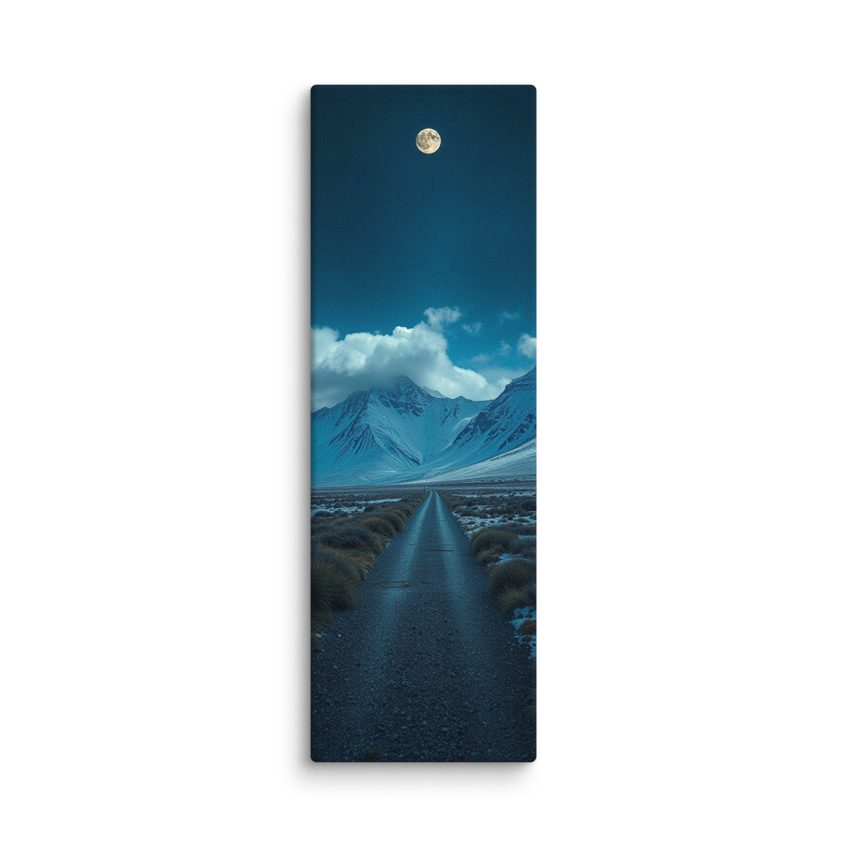 The Moonlit Approach, tall wrapped canvas print: a full moon over a straight road leading into snow-covered mountains at night.