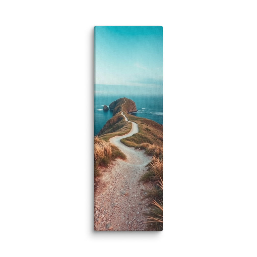 The Sea At The End, tall wrapped canvas print: a white path along a grassy coastal ridge leading to a rocky headland between ocean waters.