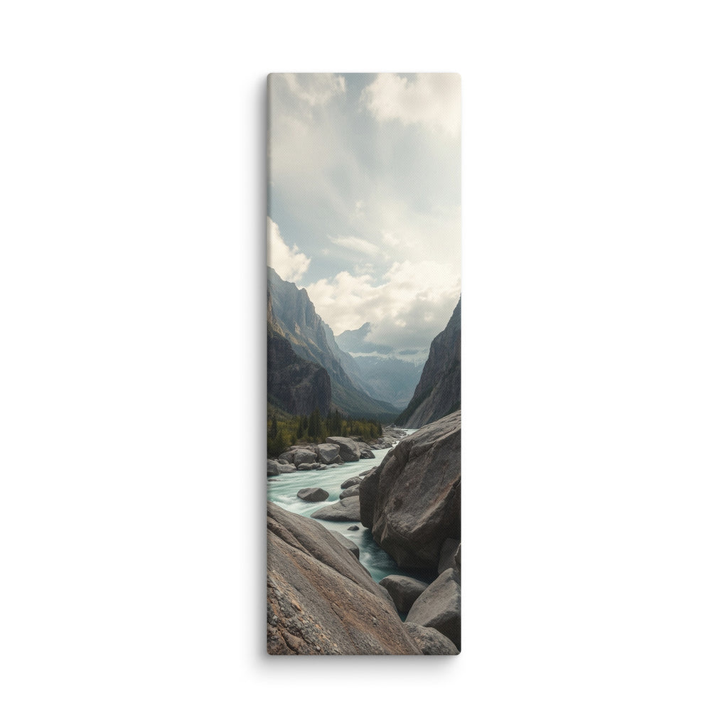 The Great Ravine, tall wrapped canvas print: a turquoise river flowing between massive boulders beneath towering canyon walls.