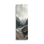 The Great Ravine, tall wrapped canvas print: a turquoise river flowing between massive boulders beneath towering canyon walls.