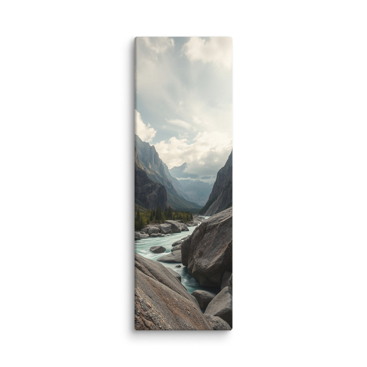 The Great Ravine, tall wrapped canvas print: a turquoise river flowing between massive boulders beneath towering canyon walls.