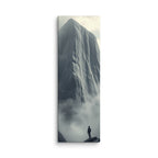 Above The Veil, tall wrapped canvas print: a lone figure on dark rocks gazing up at a massive grey ice cliff dissolving into mist.