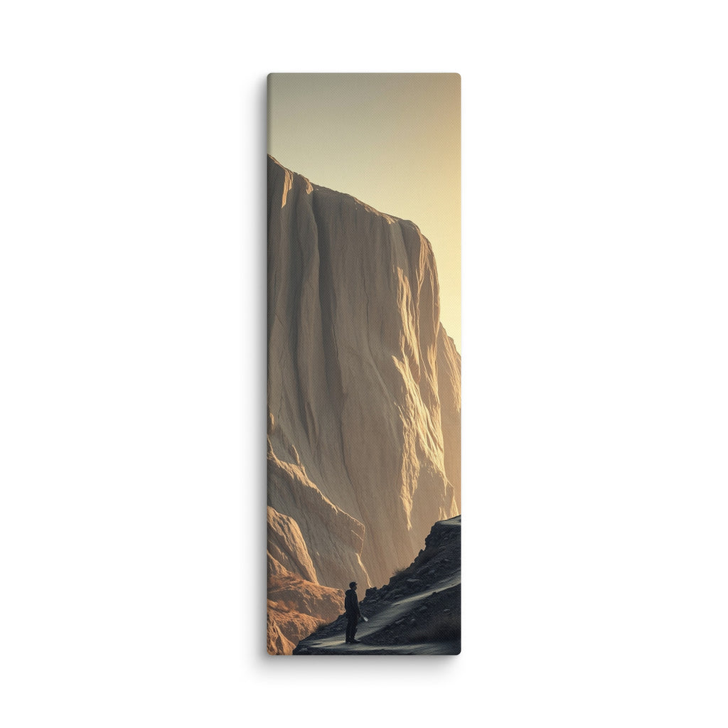The Glowing Wall, tall wrapped canvas print: a lone figure on a dark ridge before a vast cliff wall glowing amber at sunset.