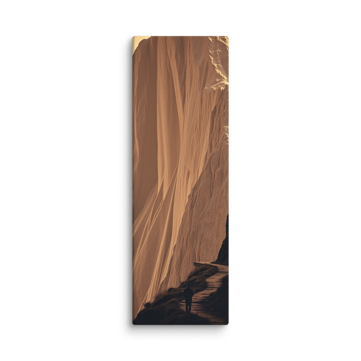The Molten Falls, tall wrapped canvas print: a vast golden cliff face flowing like molten rock with a lone figure on the path below.