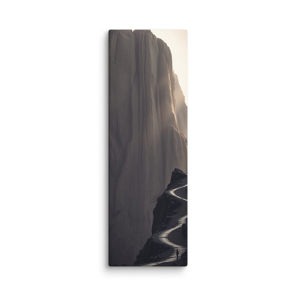 The Narrow Way, tall wrapped canvas print: a tiny figure on a thin dark path winding along a pale misty cliff face.