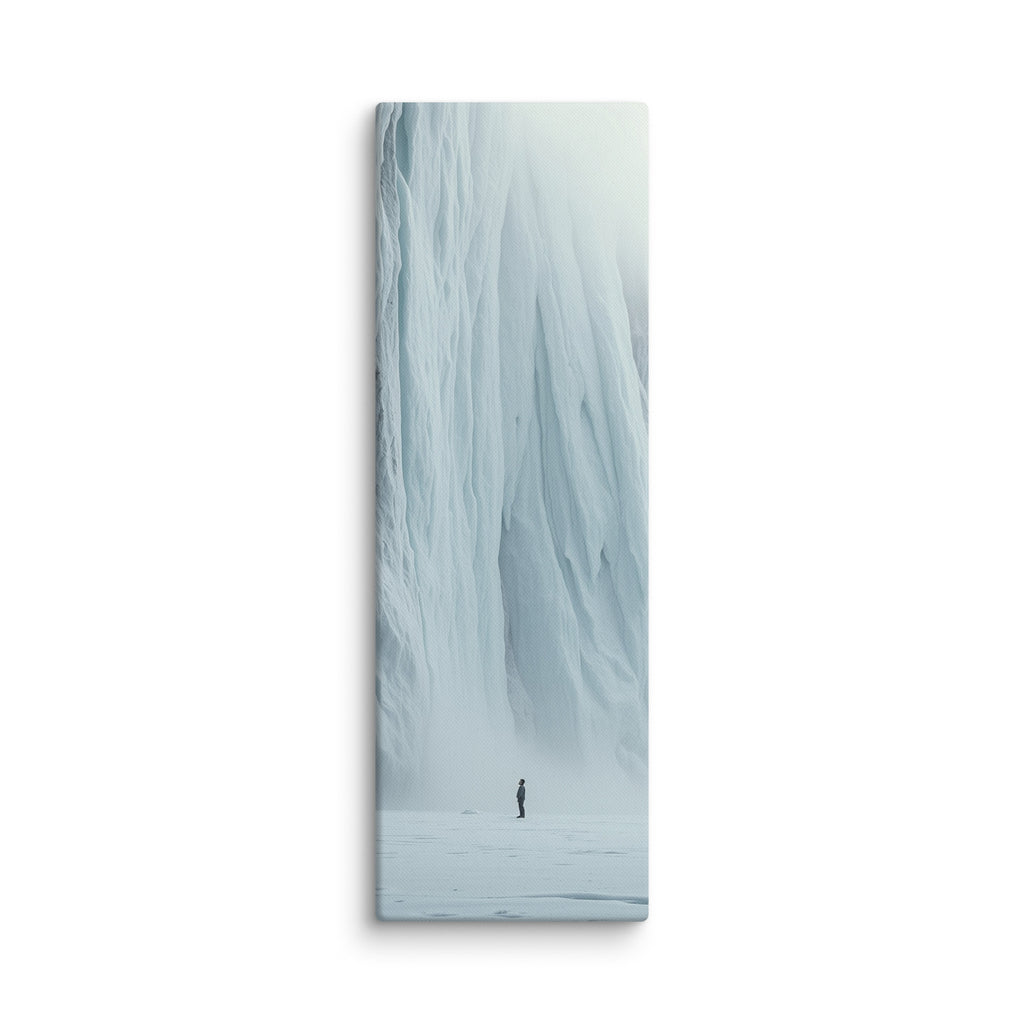 A Measure Of Stillness, tall wrapped canvas print: a lone figure before a massive soft white frozen waterfall with mist at its base.
