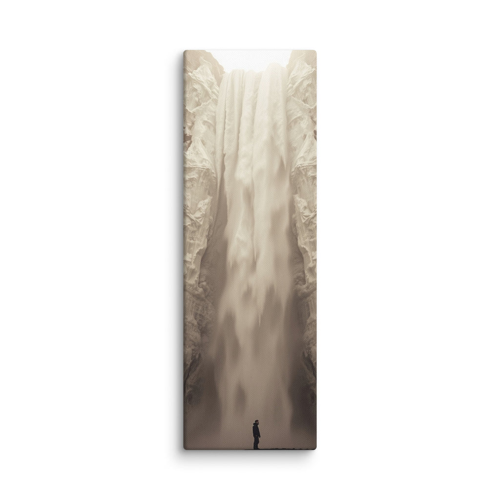 Ivory Descent, tall wrapped canvas print: a lone figure before a tall ivory-white frozen waterfall in a sepia-toned canyon.