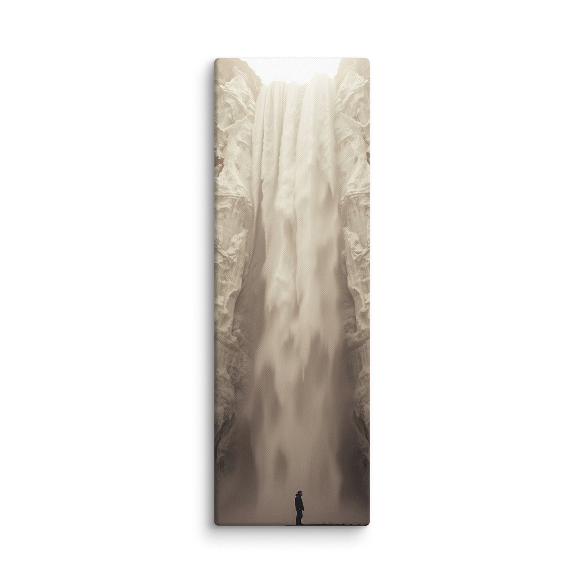 Ivory Descent, tall wrapped canvas print: a lone figure before a tall ivory-white frozen waterfall in a sepia-toned canyon.