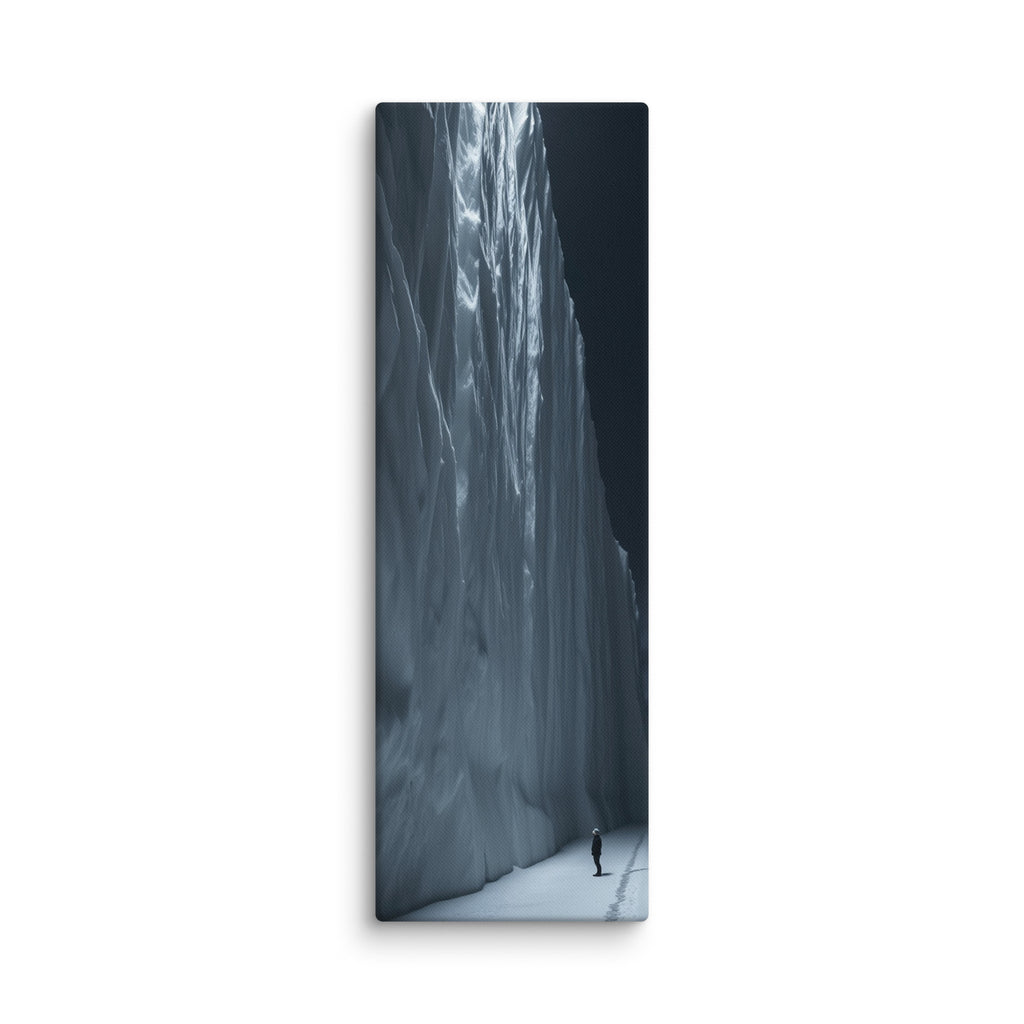 Nightfall Cascade, tall wrapped canvas print: a glowing blue frozen waterfall wall at night with a lone figure and footprints in the snow.