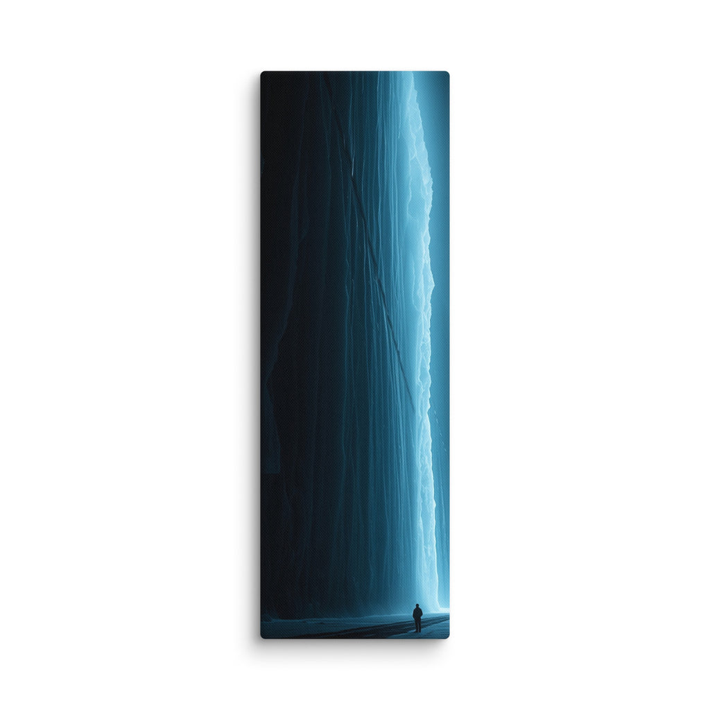 The Blue Vein, tall wrapped canvas print: an electric-blue frozen waterfall glowing in darkness with a lone silhouetted figure.