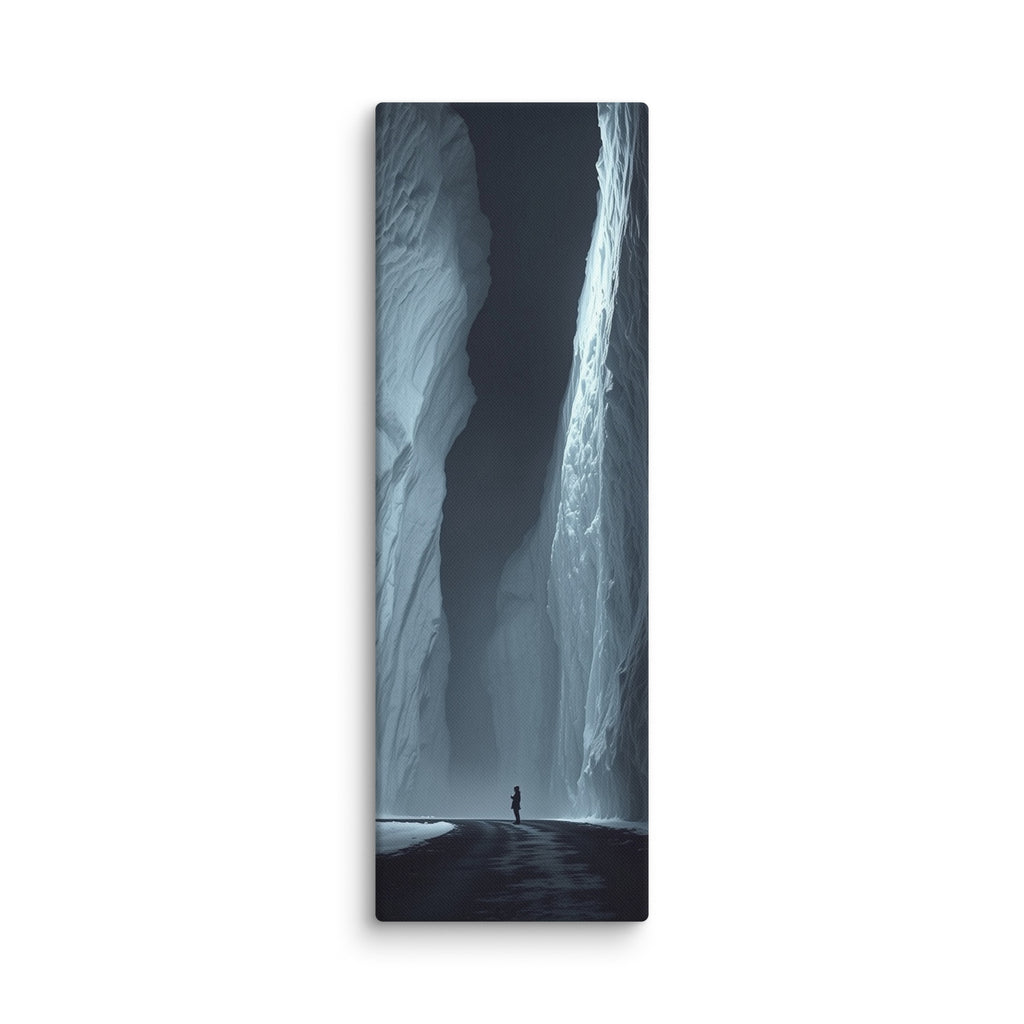 The Dark Reach, tall wrapped canvas print: a lone figure on dark ice between towering ice walls with light falling down one face.