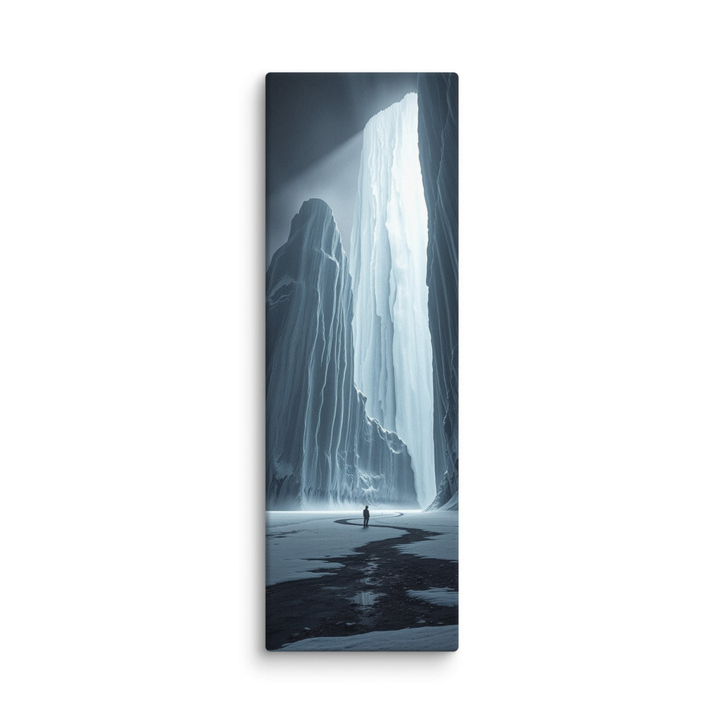 The Shining Fall, tall wrapped canvas print: a glowing frozen waterfall pouring light between dark ice cliffs above a lone figure.