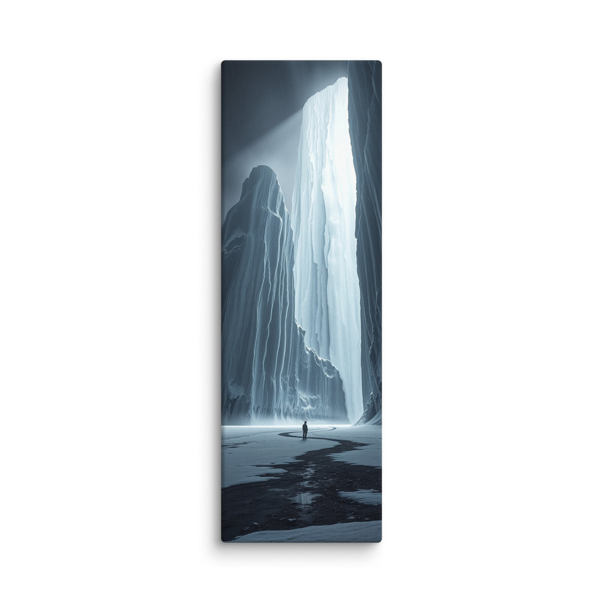 The Shining Fall, tall wrapped canvas print: a glowing frozen waterfall pouring light between dark ice cliffs above a lone figure.