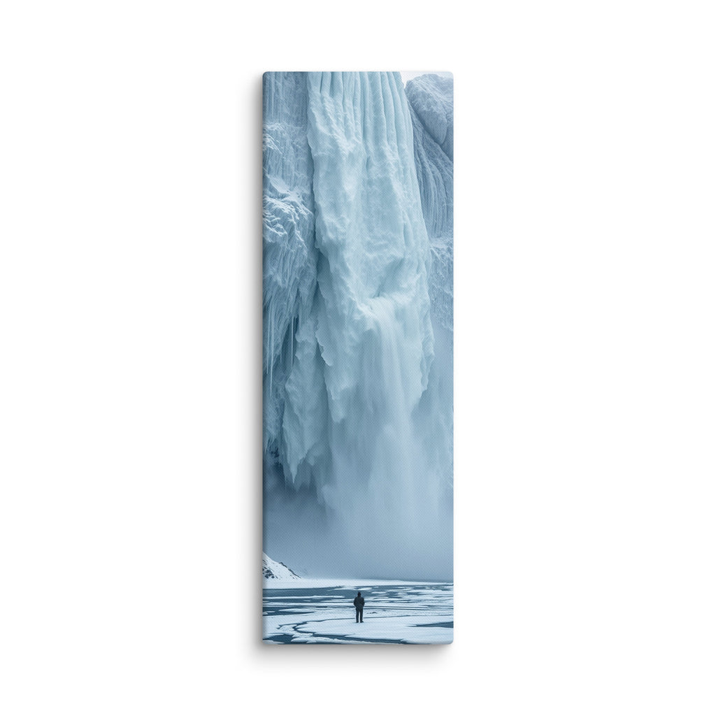 Water Held In Time, tall wrapped canvas print: a lone figure on a frozen river before a massive blue icefall with dark open water.