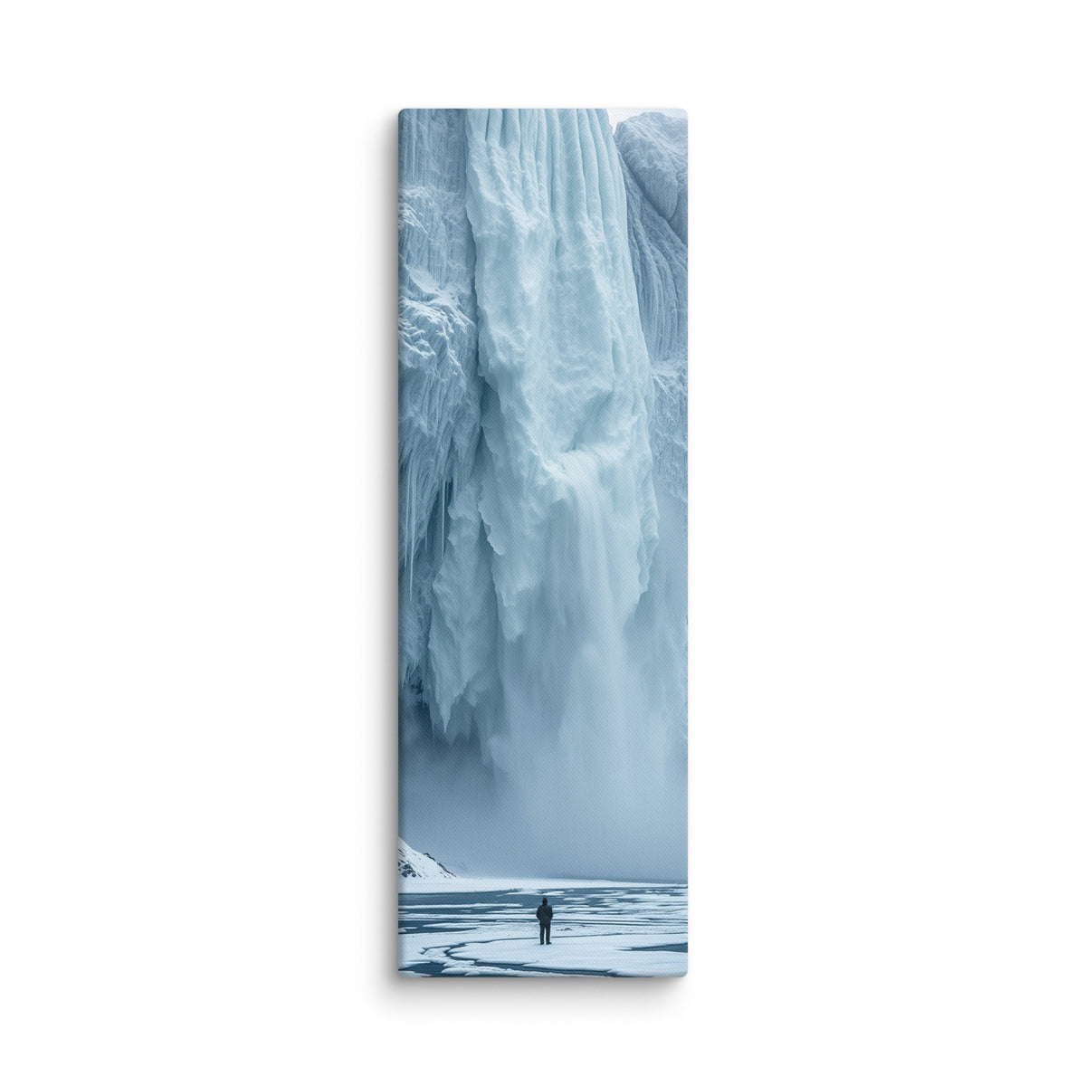 Water Held In Time, tall wrapped canvas print: a lone figure on a frozen river before a massive blue icefall with dark open water.