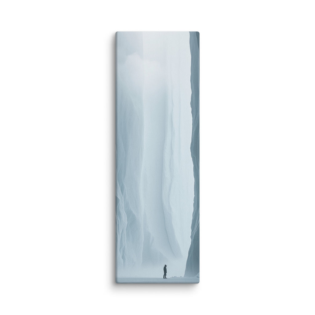 Where Forms Dissolve, tall wrapped canvas print: a lone figure in a bright white ice passage dissolving into light.