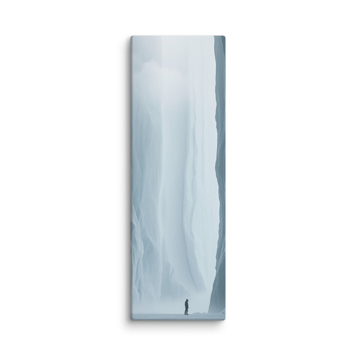Where Forms Dissolve, tall wrapped canvas print: a lone figure in a bright white ice passage dissolving into light.
