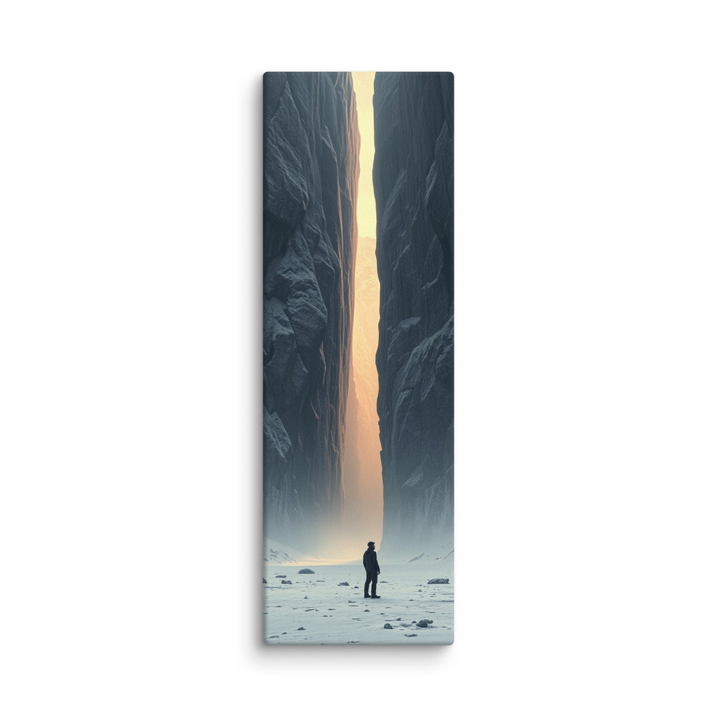 The Dawn Slot, tall wrapped canvas print: a lone figure on a snowy plain before a narrow slot of glowing ice between dark rock walls.