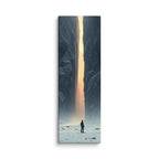 The Dawn Slot, tall wrapped canvas print: a lone figure on a snowy plain before a narrow slot of glowing ice between dark rock walls.