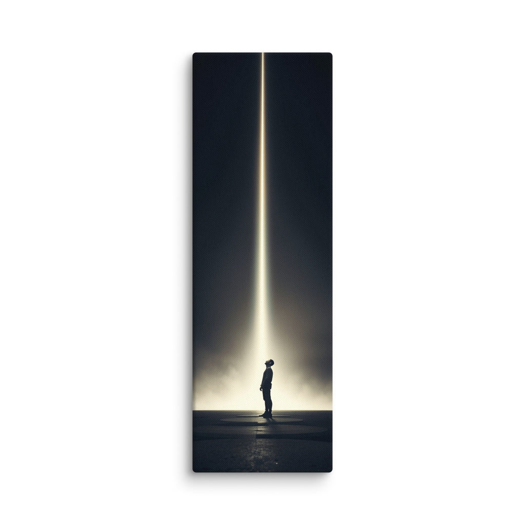 The Descending Light, tall wrapped canvas print: a lone figure looking up at a single vertical beam of golden light in darkness.