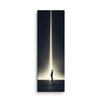 The Descending Light, tall wrapped canvas print: a lone figure looking up at a single vertical beam of golden light in darkness.